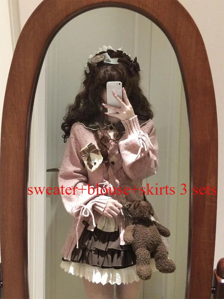 Japanese Sweet Lolita Cardigans Women Y2k Aesthetic Hollow Out Bandage Sweater Kawaii Bow Pocket 2025 Casual Streetwear JK Tops