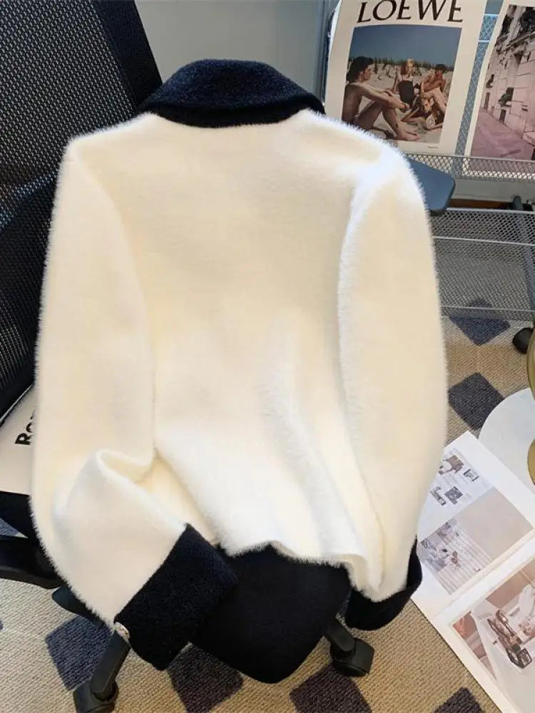 Autumn Winter Retro Sweet Pink White Patchwork Elegant Knitted Cardigan Tops Women French Single Breasted Long Sleeve Sweaters