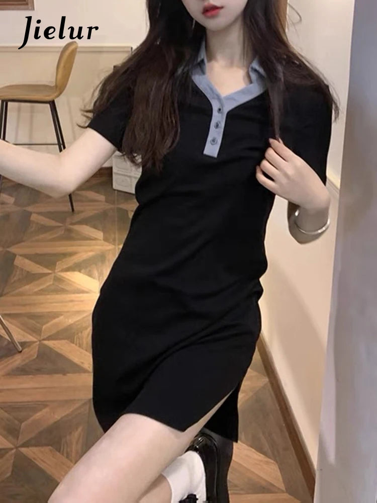 Black Spell Color Polo Slim Women's Dresses Tight Hip Short Sleeve Buttons Summer New Female Dress Simple Office Lady