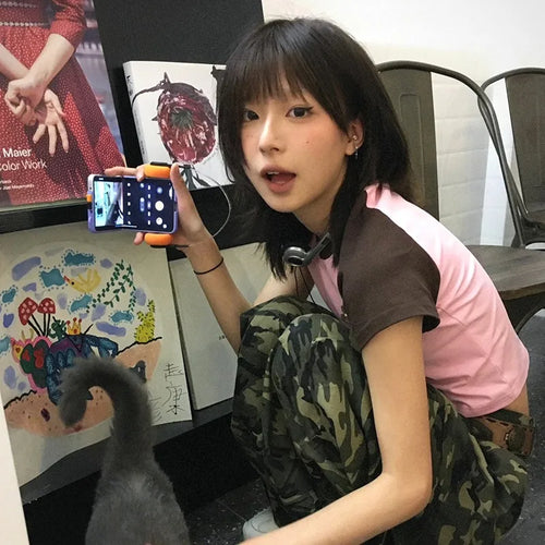 Load image into Gallery viewer, Japanese Y2k Patchwork T-shirt Vintage 2000s Style Crop Top Harajuku Aesthetics Short Sleeve Tee Shirt American Retro
