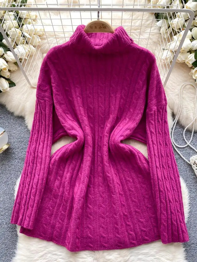 Autumn Winter Women's Solid Elegant High-neck Knitting Sweater Female Loose Thick Warm Long Sleeves Simple Crochet Pullover Tops