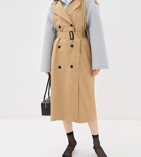 Designer Hit Color Long Jacket for Women Hooded Collar Long Sleeve Back Split Elegant Trench Female Fashion New