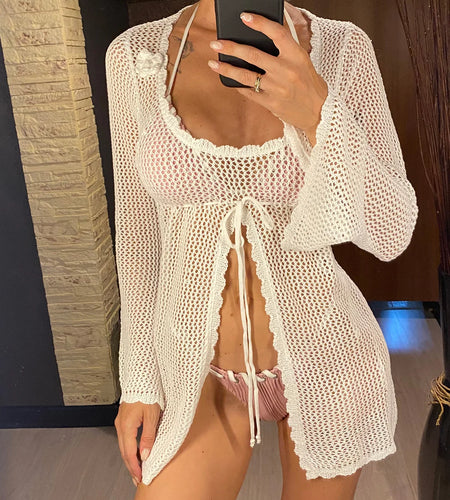 Sexy Long Sleeve Hollow Out Crochet Knitted Tunic Beach Cover Up Cover-ups Beach Dress Beach Wear Beachwear Female Women V5525