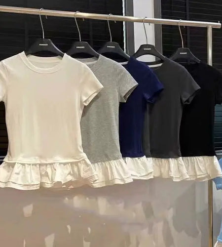 Cotton Shirts for Women Sweet White T Shirts 2024 Ropa Mujer Patchwork Ruffles Short Sleeve O-neck Summer Tees Casual Tshirt