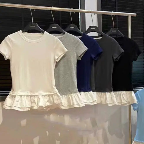Load image into Gallery viewer, Cotton Shirts for Women Sweet White T Shirts 2024 Ropa Mujer Patchwork Ruffles Short Sleeve O-neck Summer Tees Casual Tshirt
