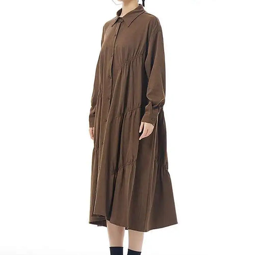 Load image into Gallery viewer, Women Coffee Pleated Spliced Big Size Midi Shirt Dress New Lapel Long Sleeve Fashion Tide Spring Autumn 2025 1DH7416
