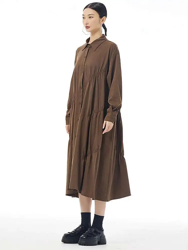 Women Coffee Pleated Spliced Big Size Midi Shirt Dress New Lapel Long Sleeve Fashion Tide Spring Autumn 2025 1DH7416