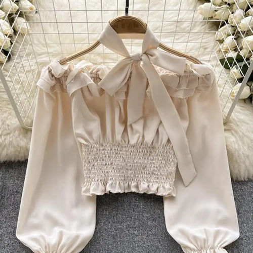 Load image into Gallery viewer, Women Sweet Sexy Club Bow Halter Blouse Off Shoulder Long Sleeve Solid Pleated Shirt Long Sleeve Short Ruffle Tops Spring Autumn
