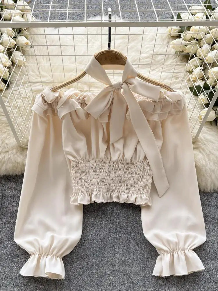 Women Sweet Sexy Club Bow Halter Blouse Off Shoulder Long Sleeve Solid Pleated Shirt Long Sleeve Short Ruffle Tops Spring Autumn