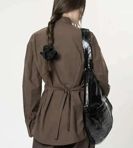 Women Brown Brief Belted Big Size Elegant Blouse New Stand Collar Long Sleeve Shirt Fashion Spring Autumn 2025 1DH9983