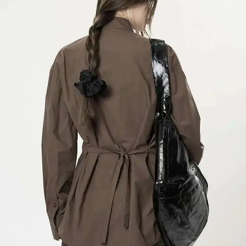 Load image into Gallery viewer, Women Brown Brief Belted Big Size Elegant Blouse New Stand Collar Long Sleeve Shirt Fashion Spring Autumn 2025 1DH9983
