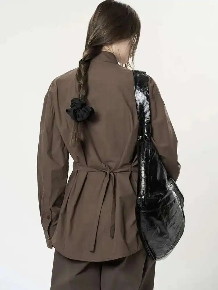 Women Brown Brief Belted Big Size Elegant Blouse New Stand Collar Long Sleeve Shirt Fashion Spring Autumn 2025 1DH9983