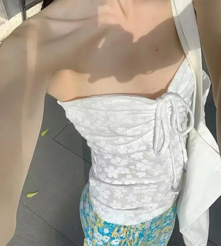 y2k Tube Top Women Summer Flower Embroidery Tie-up Off Shoulder Strapless Sleeveless Bandeau Vest 2000s Streetwear