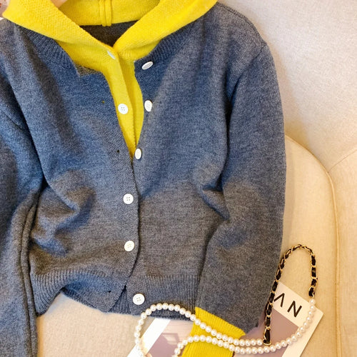 Load image into Gallery viewer, Korean Style Women's Patchwork Elegant Long Sleeve Knitted Tops Autumn Winter Vintage Single Breasted Hooded Sweater 2024 Trendy
