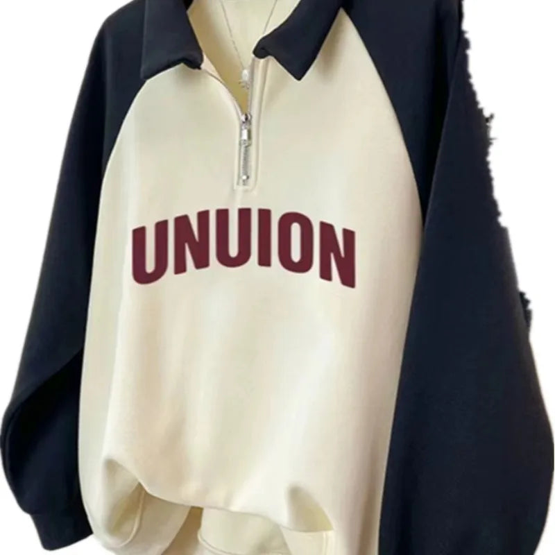 Korean Version 2024 Autumn Winter Beige Patchwork Letter Print Zipper Sweatshirt Women Long Sleeve Festival Slim Pullover Tops