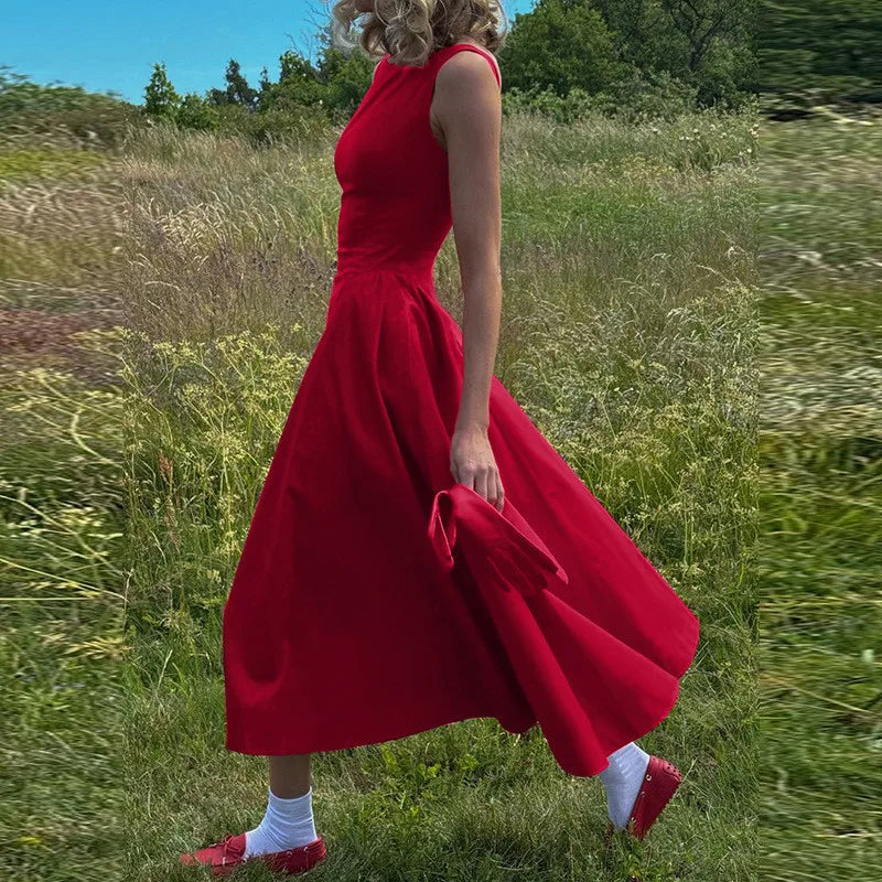 Backless A-line Maxi Dress For Women Fashion Solid O Neck Sleeveless Long Dress Ladies Gown High Waist Tank Dresses