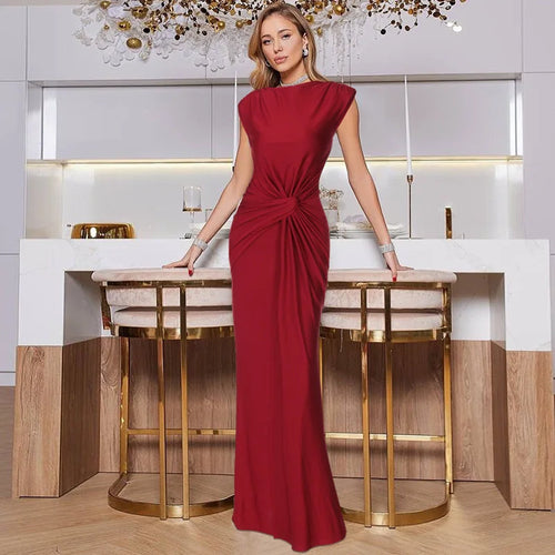 Load image into Gallery viewer, Sleeveless Ruched Sexy Maxi Dress For Women Gown Fashion Solid O Neck High Waist Bodycon Club Long Dress Vestido

