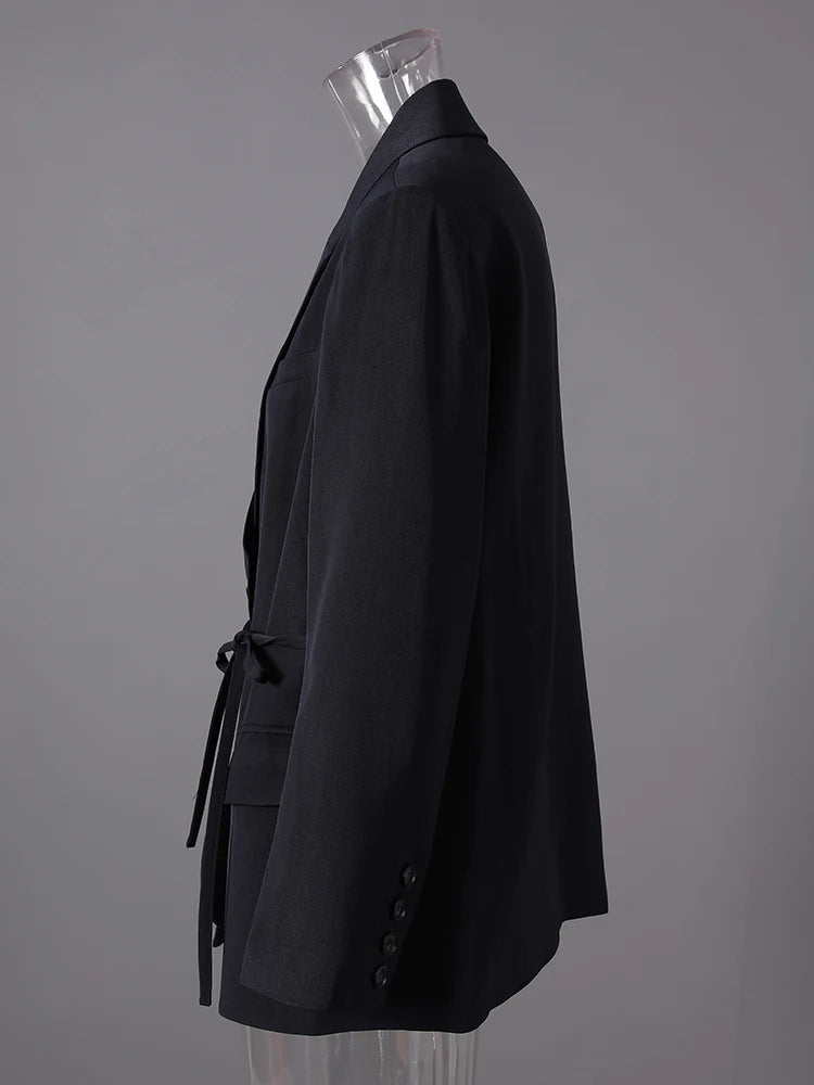 Women Navy Blue Bandage Big Size Elegant Blazer New Lapel Long Sleeve Jacket Fashion Tide Spring Autumn 2025 1DH7507