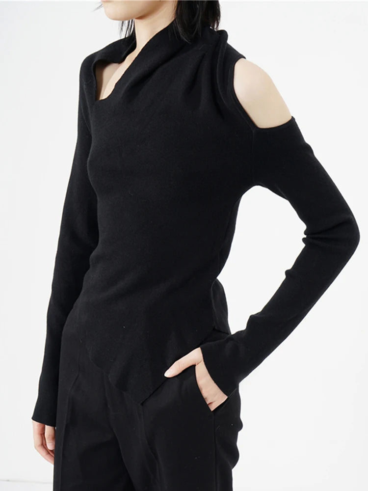 Irregular Hem Hollow Out For Female Knitted Sweater Skew Collar Long Sleeve Off Shoulder Women's Sexy Pullover Clothing