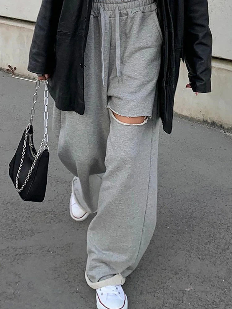 Solid Drawstring Wide Leg Pants For Women High Waist Loose Hole Hollow Out Casual Trousers Female Clothing Fashion