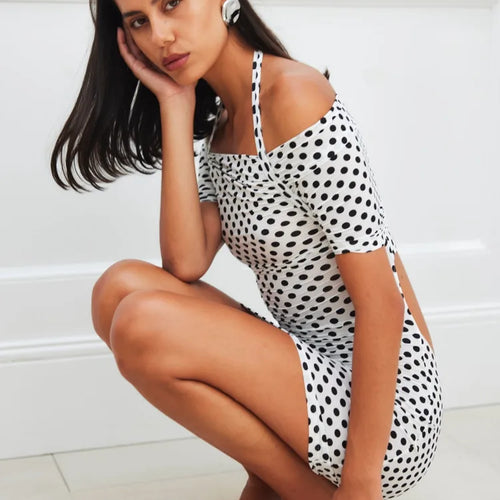 Load image into Gallery viewer, Elegant Sleeveless One Shoulder Elastic Tight Hollow Mini Dress Polka Dots Women Sexy Slimming Party Club Evening Dress
