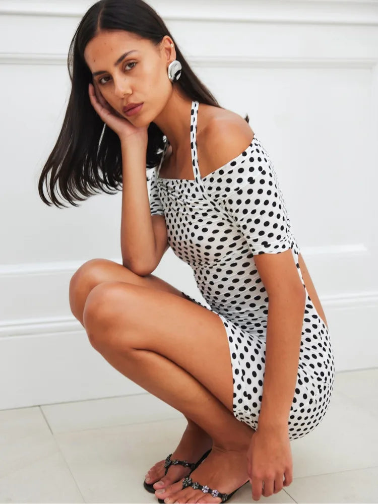 Elegant Sleeveless One Shoulder Elastic Tight Hollow Mini Dress Polka Dots Women Sexy Slimming Party Club Evening Dress