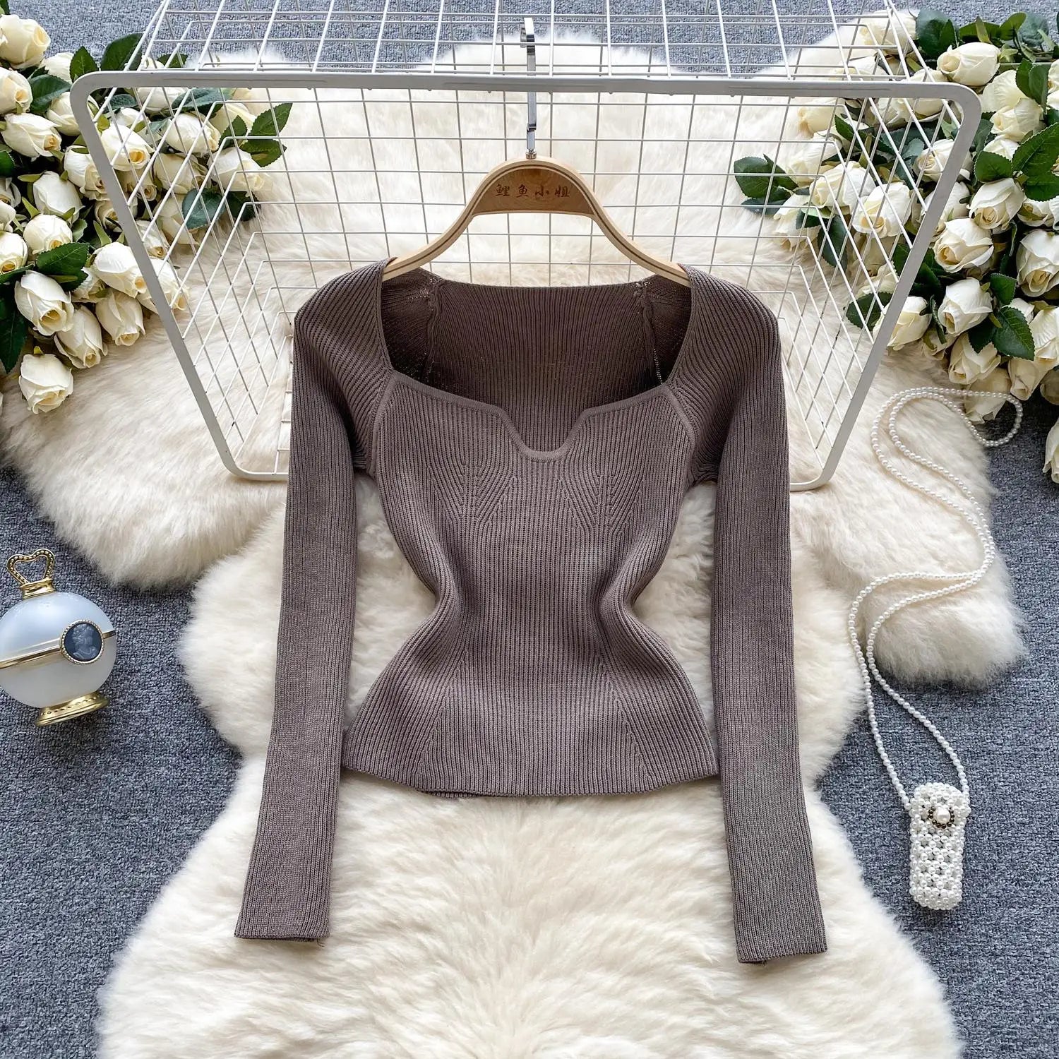 Fashion Solid Knitted Square Collar Long Sleeves Slim Fit Tops Women France Autumn Office Lady Elegant Pullover Sweater Popular