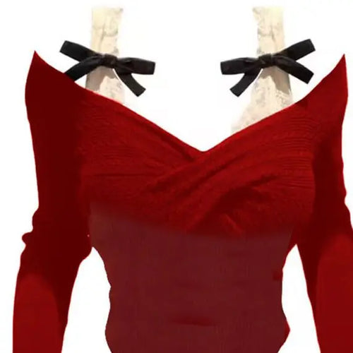 Load image into Gallery viewer, Korean Sexy Fairy Crop Top Sweater Women Japanese Sweet Y2k Aesthetic Bow Lace Patchwork Knitted Pullover Thin Kintwear Tops
