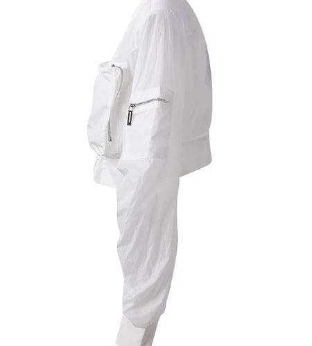 White Pocket Pocket Zipper Short Jacket New Stand Collar Long Sleeve Women Coat Fashion Tide Spring Autumn 2025 CPG3011