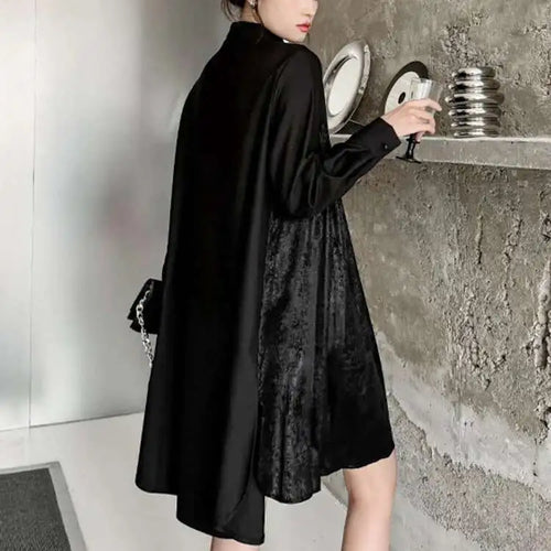 Load image into Gallery viewer, Women Black Velvet Big Size Pleated Mini Shirt Dress New Lapel Long Sleeve Fashion Tide Spring Autumn 2025 1DH5157
