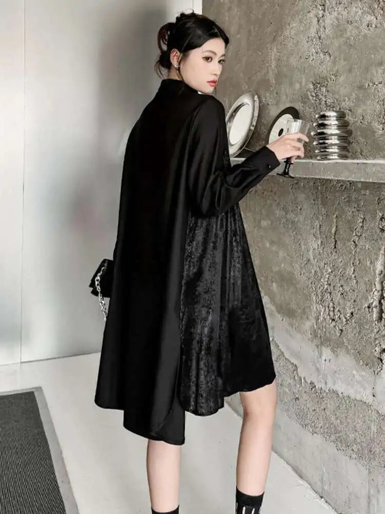 Women Black Velvet Big Size Pleated Mini Shirt Dress New Lapel Long Sleeve Fashion Tide Spring Autumn 2025 1DH5157