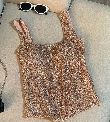 Vintage Black Beige Sequins Round Neck Backless Vest Women's 2024 Summer New Fashion Pink Elegant Sleeveless Tank Tops Vacation
