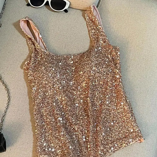 Load image into Gallery viewer, Vintage Black Beige Sequins Round Neck Backless Vest Women&#39;s 2024 Summer New Fashion Pink Elegant Sleeveless Tank Tops Vacation
