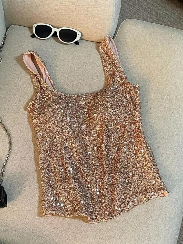 Vintage Black Beige Sequins Round Neck Backless Vest Women's 2024 Summer New Fashion Pink Elegant Sleeveless Tank Tops Vacation