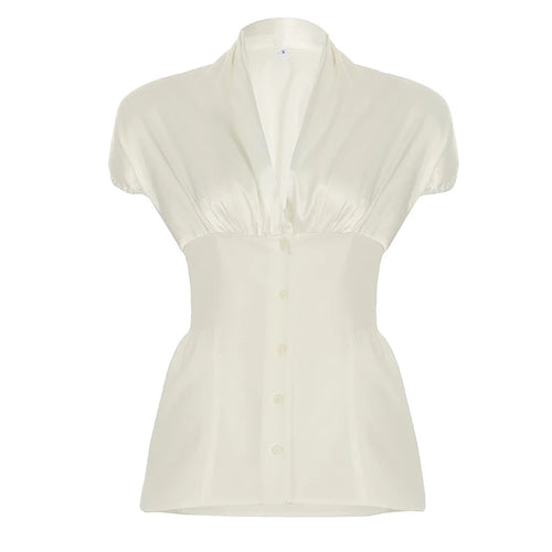 Load image into Gallery viewer, French Style White Puff Sleeve Satin Shirts Women Summer Elegant V-Neck Slimming Button Tops Ladies Casual Blouse New
