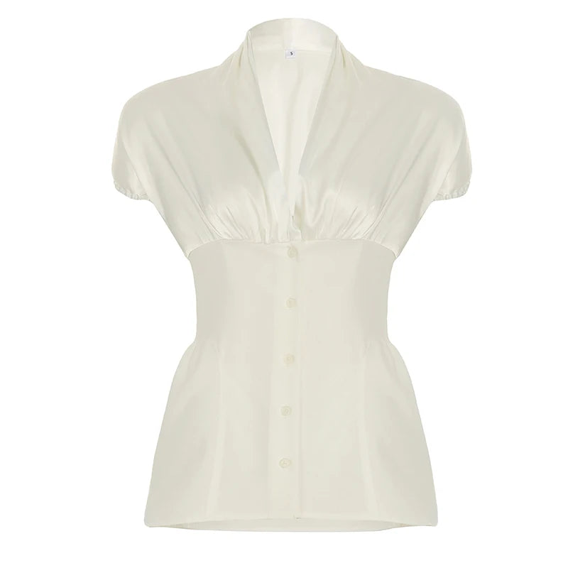 French Style White Puff Sleeve Satin Shirts Women Summer Elegant V-Neck Slimming Button Tops Ladies Casual Blouse New