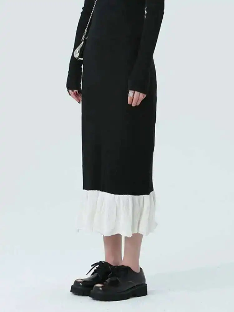 Color-block Knitting T-shirt Half-body Skirt Two Pieces Suit New Round Neck Women Fashion Spring Autumn 2025 1DH4959