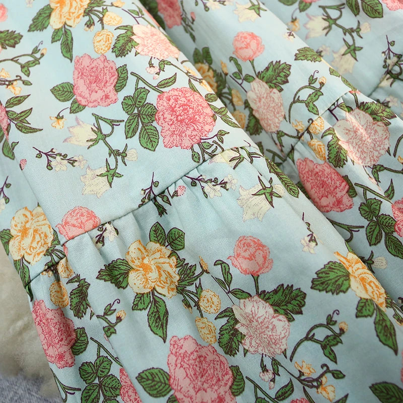 Vintage New Blue Flower Party A-line Skirt Bohemia 2024 Spring Summer Green Printing Elastic High Waist Women's Long Skirts Chic