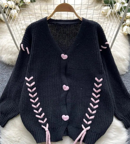 2024 New Autumn Winter Black Beige Single Breasted Cardigan Sweater Women Thick V Neck Casual Long Sleeved Knitted Top Versatile