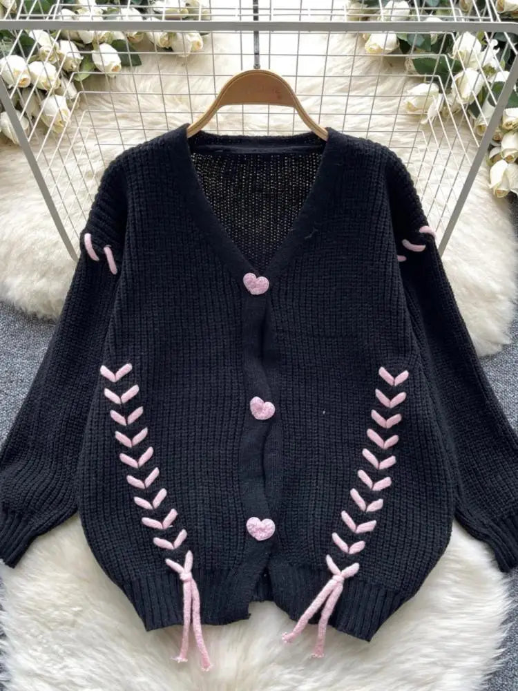 2024 New Autumn Winter Black Beige Single Breasted Cardigan Sweater Women Thick V Neck Casual Long Sleeved Knitted Top Versatile