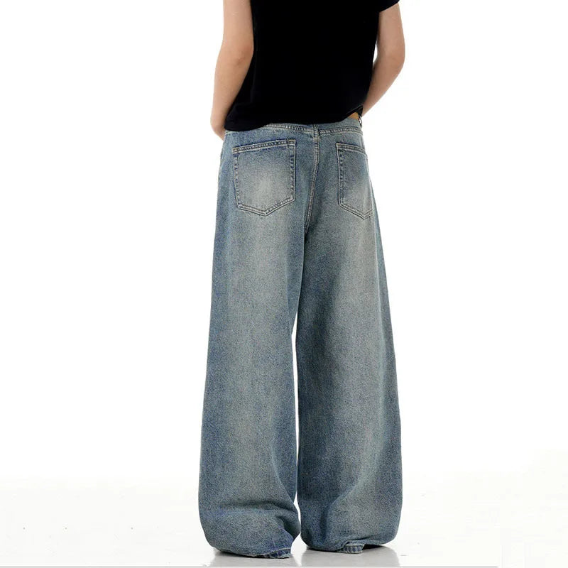 Men Jeans New American Style High Street Stylish Loose Cat Whisker Wide Leg Male Denim Pants Casual Handsome Trendy 9W1718