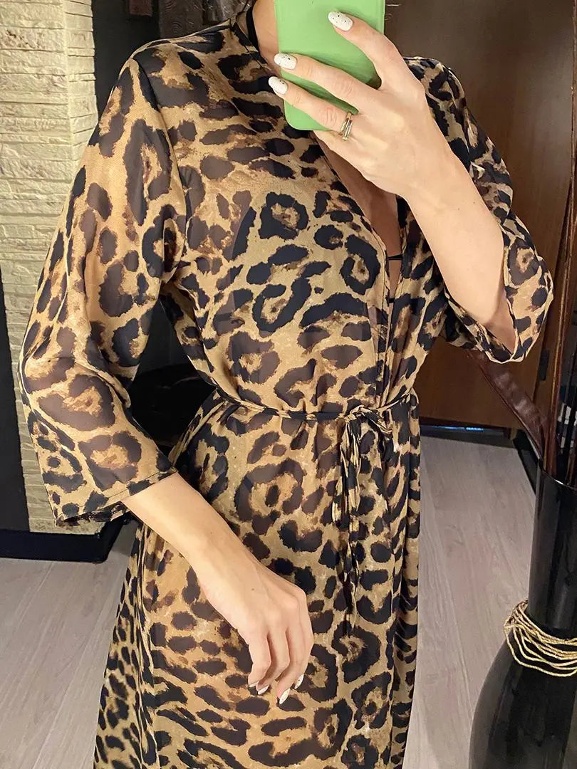 Sexy Leopard Printed Beach Cover Up Chiffon Cover-ups Swimwear Beach Wear Summer Beachwear Female Women Long Dress V3219C