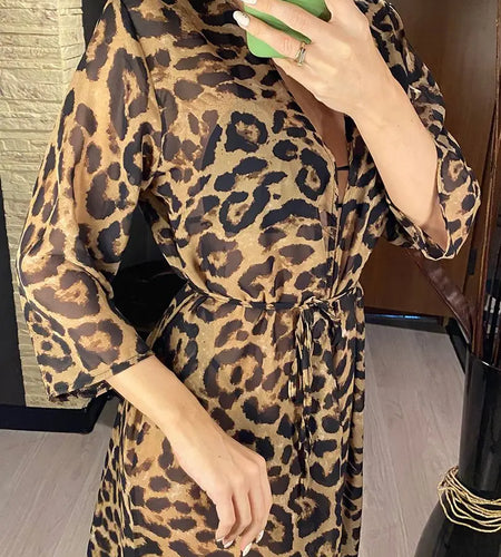 Sexy Leopard Printed Beach Cover Up Chiffon Cover-ups Swimwear Beach Wear Summer Beachwear Female Women Long Dress V3219