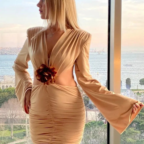 Load image into Gallery viewer, Sexy Deep V 3D Flower Women's Dress Bodycon Hollow Out  Backless Long Sleeve Folds Female Mini Dress Party Club Vestidos
