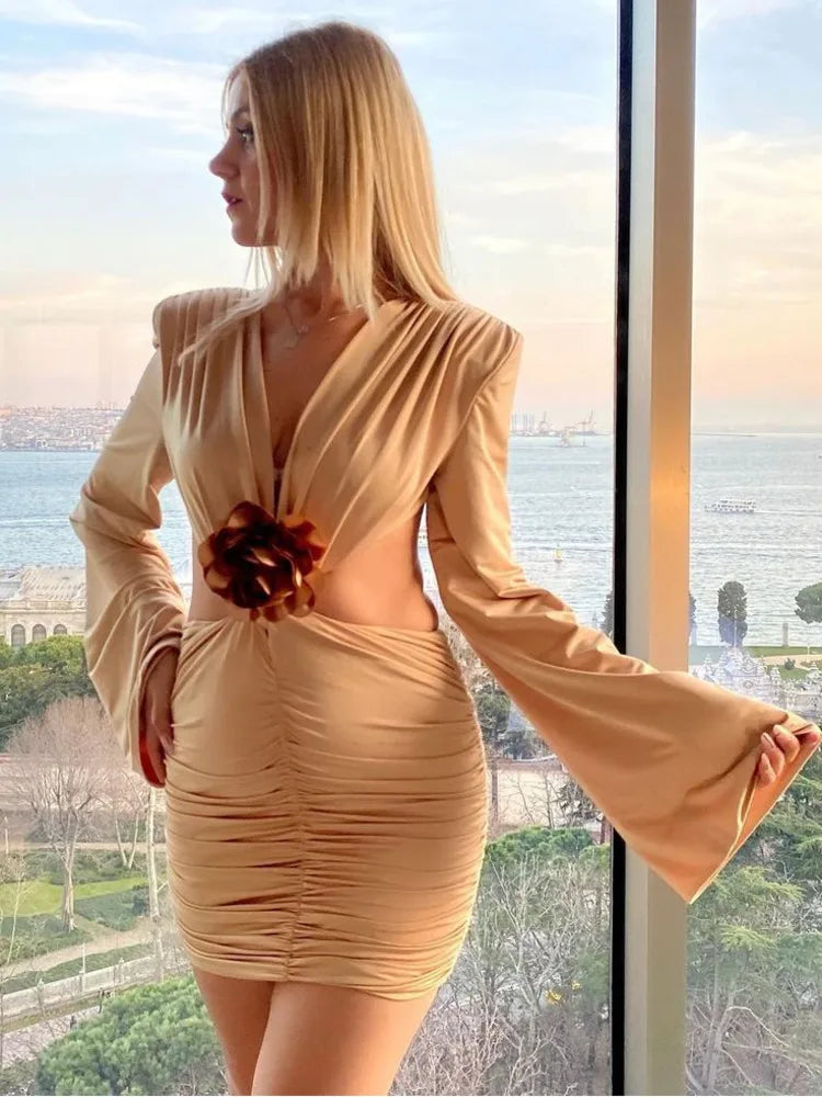 Sexy Deep V 3D Flower Women's Dress Bodycon Hollow Out  Backless Long Sleeve Folds Female Mini Dress Party Club Vestidos