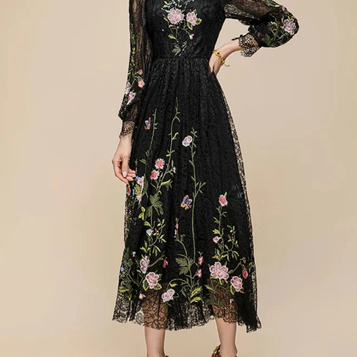 Load image into Gallery viewer, Floral Embroidery Slimming Dress For Women Round Neck Long Sleeve High Waist Temperament Lace A Line Dress Female Fashion
