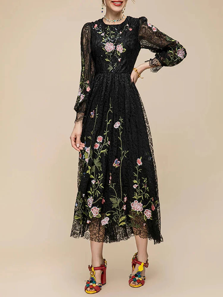 Floral Embroidery Slimming Dress For Women Round Neck Long Sleeve High Waist Temperament Lace A Line Dress Female Fashion