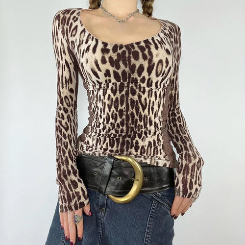 Load image into Gallery viewer, Vintage Leopard Printing Autumn T-shirts For Women Lace Patchwork Skinny Square Neck Top Tees Y2K Aesthetics Clothes
