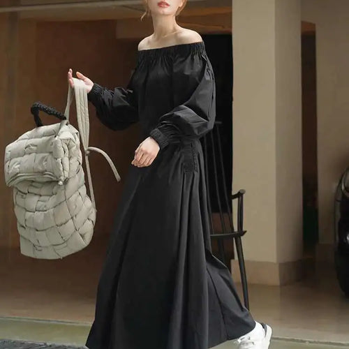 Load image into Gallery viewer, Women Black Brief Long Elegant Dress New Slash Neck Long Puff Sleeve Loose Fit Fashion Tide Spring Autumn 2025 1DF9947
