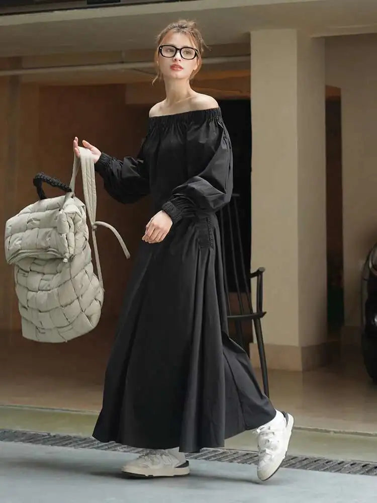 Women Black Brief Long Elegant Dress New Slash Neck Long Puff Sleeve Loose Fit Fashion Tide Spring Autumn 2025 1DF9947
